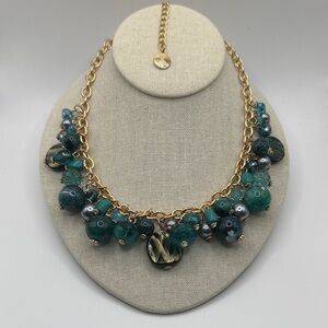 Coiris Emerald Green Teal faceted beads Goldtone Necklace NWOT